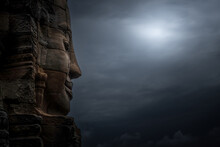 Majestic Angkor Wat Temple Face Under Moody Skies