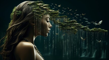 Wall Mural - A woman's profile with cascading waterfalls for hair.