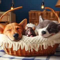 Two Dogs and a Mouse are Sleeping in a Basket