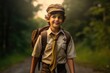 © foto.katarinka - International Boy Scout Day Concept. Portrait of a smiling boy with backpack standing on road in forest