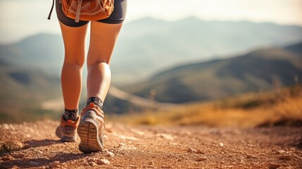 Hiking in the mountains. Female legs with sports shoes and backpack running on a trail mountain