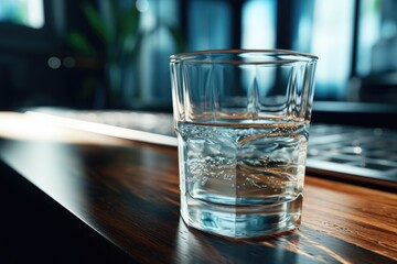 Poster - A glass of water sitting on top of a wooden table. Suitable for various concepts and themes