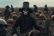 A spooky scarecrow standing amidst a field of pumpkins. Perfect for Halloween decorations or themed events