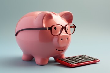 Wall Mural - A pink piggy bank with glasses sitting next to a calculator. This image can be used to illustrate financial planning, budgeting, or saving money concepts
