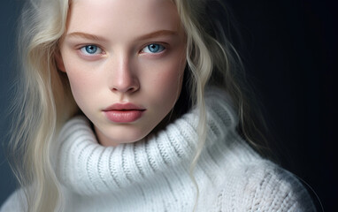 A Christmas girl with blue eyes wearing a white sweater