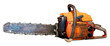 Old dirty chainsaw with an internal combustion engine on an isolated background.