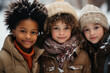 A cheerful group of bundled up children with big smiles, sporting cozy winter hats and coats, braving the cold with their adorable headgear and fur-trimmed jackets
