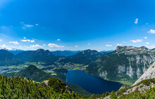 Stunning Aerial Panorama View Of Altaussee Lake From Trisselwand With The Peak Loser On A Sunny Summer Day, Styria, Austria