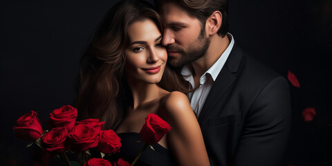 Wall Mural - Happy couple on dark background, woman with red roses in hands