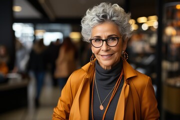 A stylish woman with a warm smile confidently rocks her fashionable glasses and jacket, showcasing her unique street fashion sense while also prioritizing her vision care