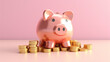 © B & G Media - A single pink piggy bank money box filled with a stack of gold coins, rendered in 3D with a simple, one-color background. saving concept