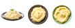 Set of creamy mashed potatoes, top and side view in a bowl and plate, Isolated on Transparent Background, PNG