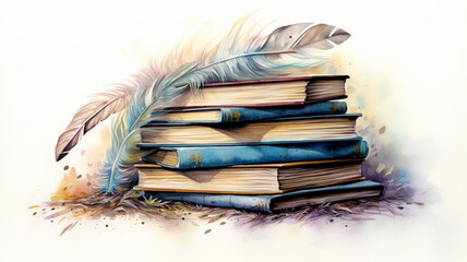Wall Mural - watercolor illustration of a stack of old books and feathers
