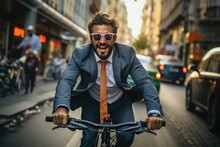 A Stylish Businessman Confidently Pedals Through The Bustling City Streets, His Suit And Bicycle Frame Reflecting The Urban Landscape As He Embraces The Freedom And Simplicity Of Cycling