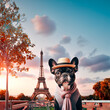 Um elegante Bulldog francês posando em frente à Torre Eiffel, usando um pequeno chapéu de aba larga, imitando o estilo parisiense
