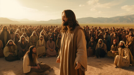 Wall Mural - Jesus Christ preaching, crowd of listeners around him