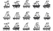 Fishing boat drawing set isolated on white. Colorful icon collection. Small ships in cute flat design. Kid toy style. Vector illustration.