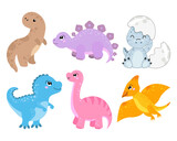 Fototapeta Dinusie - Set of cute baby dinosaurs. Kids print, stickers, vector