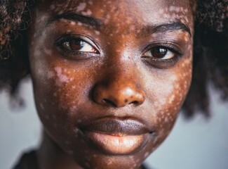 Poster - Portrait of black woman model with vitiligo, face closeup