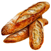 Watercolor Illustration Of Pastry. Bakery. Bread. Baguette. Transparent Background, Png. AI Generated.