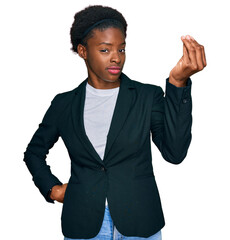 Wall Mural - Young african american girl wearing business clothes doing italian gesture with hand and fingers confident expression