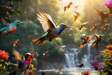 Colorful Hummingbirds Flying Over Waterfall In Tropical Forest, Wildlife Scene From Tropic Jungle, Two Birds Sucking Nectar From Flowers, Wildlife Photography, Tropical Forest