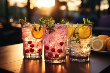 Refreshment alcohol cocktail  with ice and fruits serving in summer beach bar