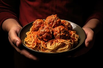 Poster - Two Hands Holding / Serving a  Plate of Spaghetti