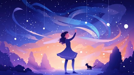 Sticker - Girl in the night sky with a cat and stars, AI