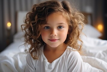 Wall Mural - Young cute little girl sitting on bed and look in camera