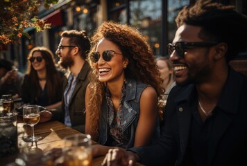 Wall Mural - Group of cheerful friends wearing sunglasses in restaurant and drinking cocktails