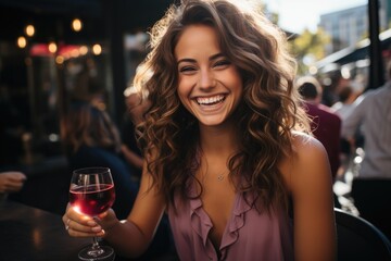 Wall Mural - Beautiful woman drinking cocktail in the restauant garden