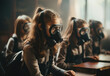 Group of girls wear gas masks in classroom
