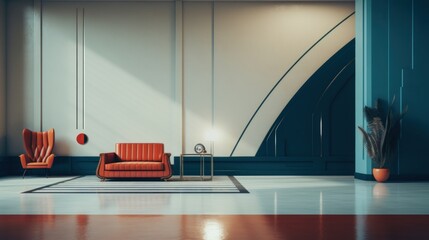 Sticker - A room with a red chair and orange wall, AI