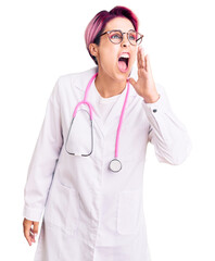 Canvas Print - Young beautiful woman with pink hair wearing doctor uniform shouting and screaming loud to side with hand on mouth. communication concept.