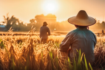 Asian farmer workers working at rice farm fields and harvesting rice. Vintage clothing with straw hats. Beautiful sunrise in morning.