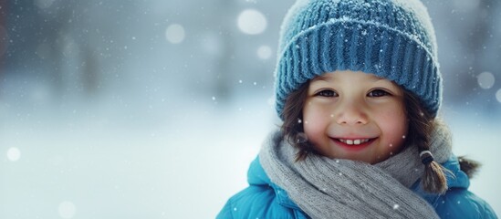 Canvas Print - Winter activities for kids include a cute child in blue winter clothes walking outdoors and enjoying the snowfall by catching snowflakes with his tongue while wearing a warm hat.