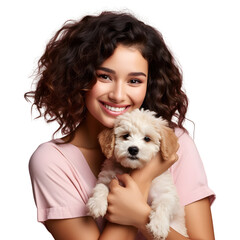 Happy young woman with hugging cute puppy, smiling as pet owner holding dog with love and care in studio, isolated on transparent background Generative AI