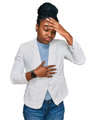 Poster - Young african american woman wearing business clothes touching forehead for illness and fever, flu and cold, virus sick