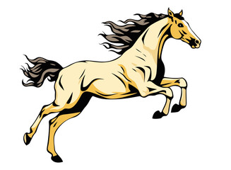 Wall Mural - Jumping forward: A Majestic Yellow Free Horse With a Striking Black Mane jumper forward in fast speed. Illustrations isolated against white background 