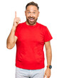 © Krakenimages.com - Handsome middle age man wearing casual red tshirt pointing finger up with successful idea. exited and happy. number one.