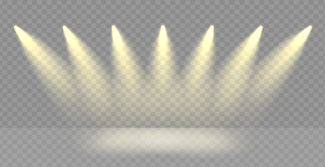 Poster - Spotlight line on award stage png. Spot lamps ray effect on transparent vector background. Golden podium beams flare
