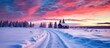 Dramatic winter scene in Lapland, Finland with a snowy country road, rustic house, and colorful sky.