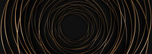 Gold Circles With Shadow In The Center On A Black Wide Background. Black And Gold Luxury Abstract Geometric Royal Modern Trendy Abstract Banner. Vector Illustration