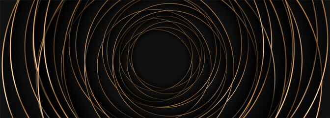 Fototapete - Gold circles with shadow in the center on a black wide background. Black and gold luxury abstract geometric royal modern trendy abstract banner. Vector illustration