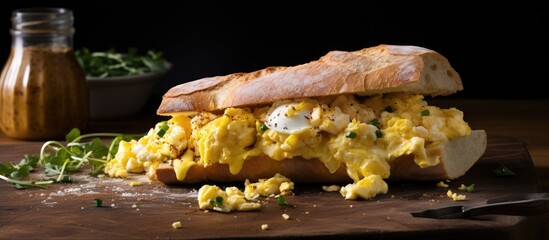 Wall Mural - A scrambled egg Ciabatta sandwich on a table