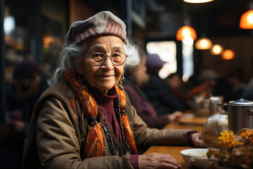 Wall Mural - Portrait of older indian woman eating soup in the restaurant