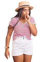 Sticker - Young african american woman with braids wearing summer hat feeling unwell and coughing as symptom for cold or bronchitis. health care concept.