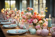 Beautifully decorated Easter dinner table with colorful flowers, pastel dyed eggs and candles. Outdoor Easter celebration party for large number of guests.