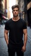© David - Male model in a classic black cotton T-shirt on a city street